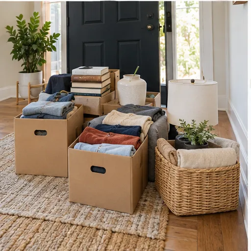 Organized boxes and household goods prepared near a doorway